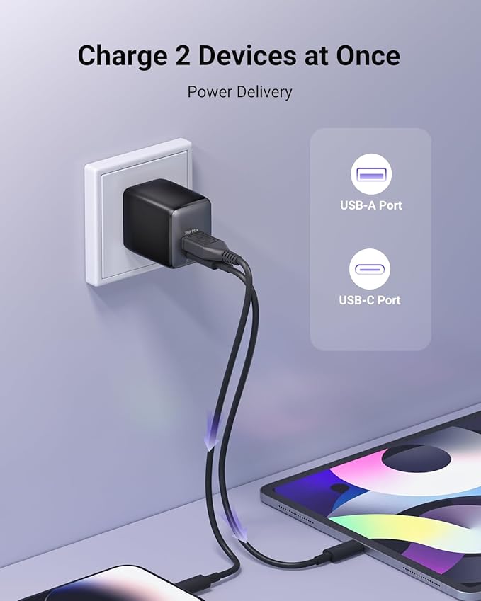 wegear USB C Fast Charging Charger, 30W Dual-Port GaN Nano Charger with Foldable Plug for iPhone 17/16/15 Series, iPad, Galaxy S24 Ultra and More Series, (Black, 2 Pack & 2 Cable)