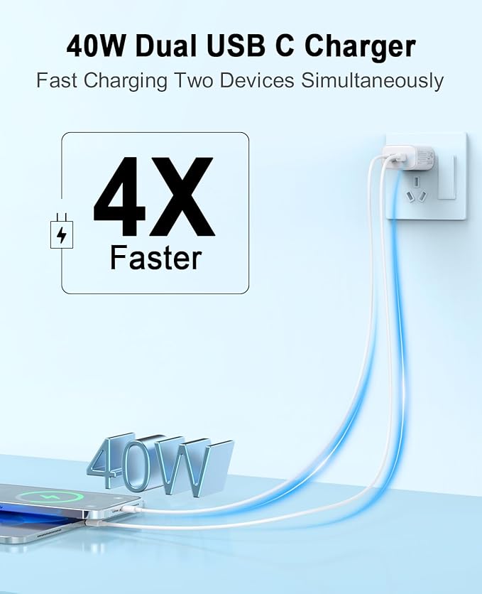 iPhone 17 16 15 Charger, 4 Pack 40W USB C Charger Dual Port Fast Charging Block (4-Pack 6 ft USB C to C Cable Cord Included) for iPhone 17 16 15 Pro Max/15Pro/15/15Plus,iPad