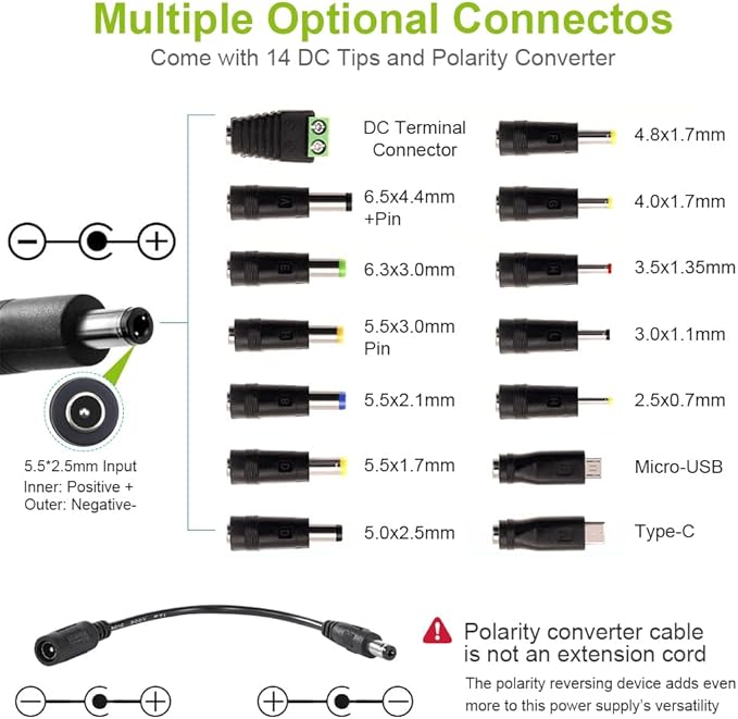 Universal Power Supply 3V~36V 4A 144W Adjustable Variable 3V 5V 6V 9V 12V 15V 18V 20V 24V 30V 36V Switching AC/DC Adapter Charger, 100V-240V AC to DC Converter with 14 Tips, Polarity Converter