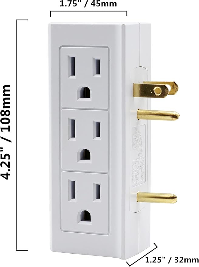 Projectpak 6 Outlet Vertical Extender Wall Tap - Split 2 Outlets Into 6 Grounded with Side Access | 2 Pack