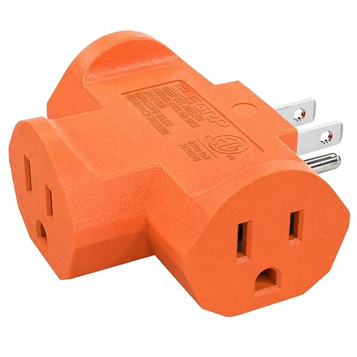 ELEGRP 3-Prong Heavy Duty Power Extender to Triple Outlet in T Direction, Multi-Directional Grounded Wall Tap Outlet Extender with 3 Prong Plug-in, 15-Amp, 125-Volt, ETL Listed, 1 Pack, Orange