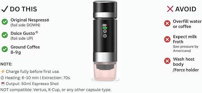 Portable Coffee Maker KF-JN-03 with Digital Display & 20 BAR Pressure – Hot & Cold Brew, Compatible with Coffee Grounds and Capsules, Compact Single-Serve Design with Transparent Cup & 60ml Tank