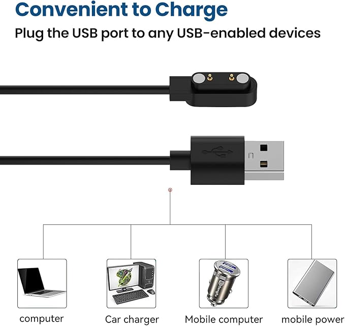 2-Pack Chargers for TRAUSI TG08/Trendia TG09/DIVElink&OYV&JeeJTek TGW008 TGW101/SUNKTA &LIGE &Linwear &EIGIIS K52 Smart Watch Charger, Charging Cable Magnetic 7.62mm, 60cm (Black&Black)