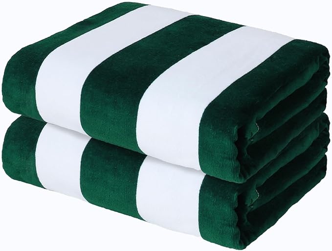 Exclusivo Mezcla 2 Pack Cotton Oversized 35x70 Inches Cabana Stripe Beach Towels, Super Absorbent Soft Plush Pool Bath Towel (Dark Green)