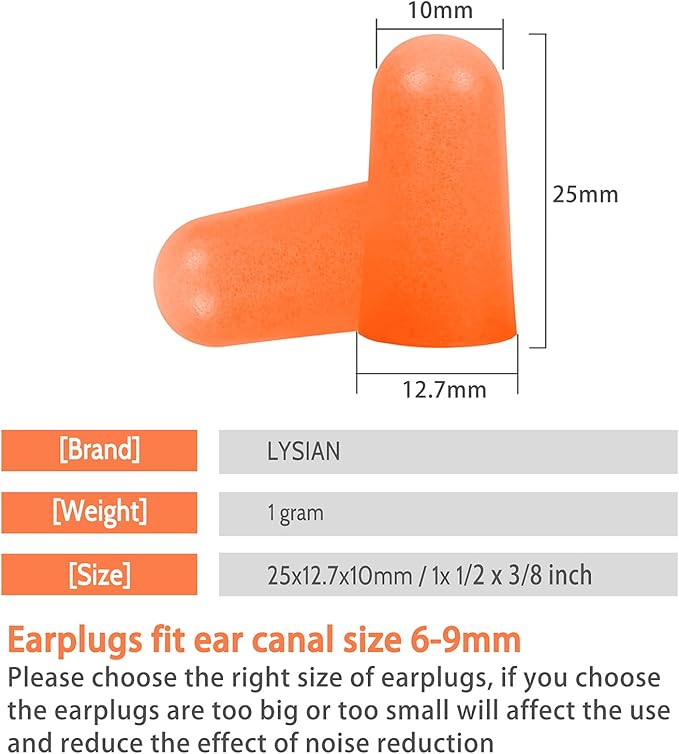 LYSIAN Soft Foam Ear Plugs for Work and Shooting, 38dB SNR Noise Reduction Earplugs, 60 Pairs Disposable Earplugs for Industrial Noise, Travel, Sleep and Snoring, Orange