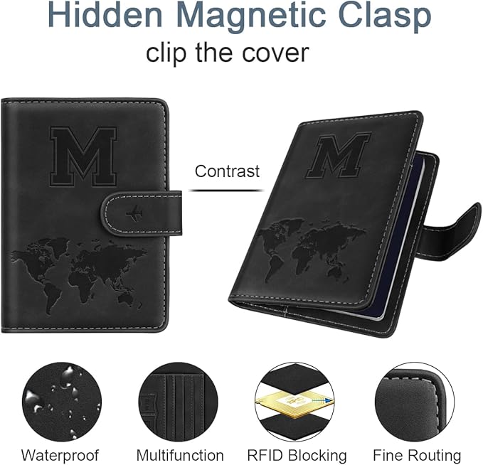 Passport Holder Wallet Cover Personalized Letter A-Z Travel Wallet RFID Blocking Passport Cover Wallet Case for Travel Passport Book Holders for Women and Men, Black-M