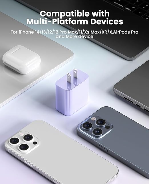 FEEL2NICE iPhone Charger Fast Charging 2 Pack Type C Wall Charger Block with 2 Pack [6FT&10FT] Long USB C to Lightning Cable for iPhone 14/13/12/12 Pro Max/11/Xs Max/XR/X,AirPods Pro,Purple