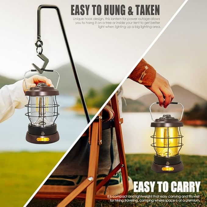 Retro Camping Lantern Rechargeable 1500LM 2 Modes Dimmable,Portable Electric Hurricane Lamp Hands-Free Flashlight,5000 mA High Capacity Battery LED Lanterns for Power Outages Indoor