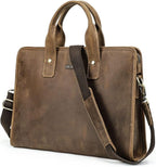 Contacts Leather Briefcase for Men 14 Inch Laptop Bag, Crazy Horse Leather Messenger Bag Brown Business Bag Satchel Shoulder Handbag