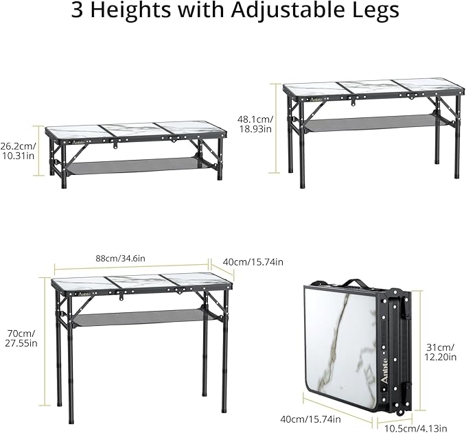 Anbte Folding Camping Table, Aluminum Small Folding Table 3 Adjustable Height Max 27.5", Portable Table with Carry Handle, Lightweight, for Outdoor Indoor Travel Camping Picnic BBQ, 34.6" x 15.7"