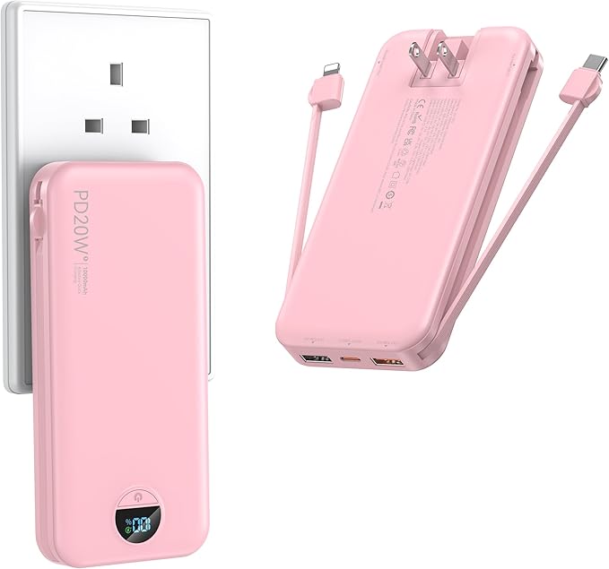 Portable Charger with Wall Plug, 10000mAh USB C Power Bank Fast Charging, External Battery Pack with Built in Cables, Digital Display, 5 Output 4 Input for iPhone Android Cell Phone Tablet