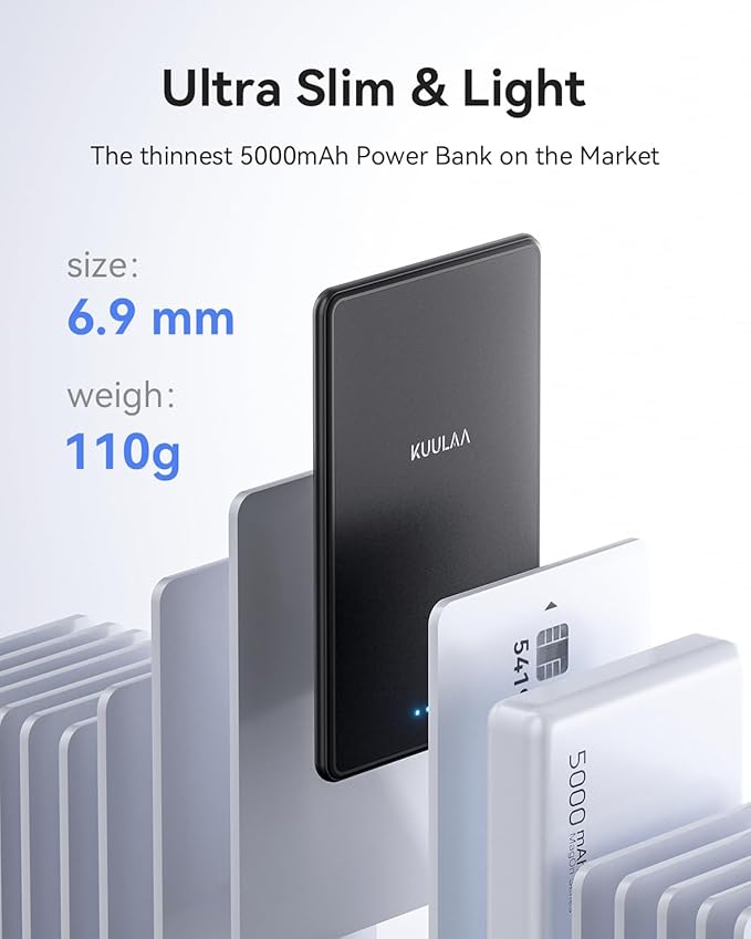 Kuulaa Power Bank Ultra Slim, 0.28 in MagSafe PowerBank 5000 mAh, PD20W Small Power Bank, Magnetic Wireless External Mobile Phone Batteries for iPhone 16 Pro/15/14/13/12 Series (Black)