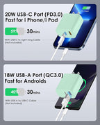 [4 Pack] USB C Charger Block Fast Charging Multiport Adpater [PD 20W USB-C & QC 3.0 USB-A Port] for i Phone 17/16/15/14/13/12/11/X/8, i Pad, Galaxy, Google, Galaxy & More [Green]