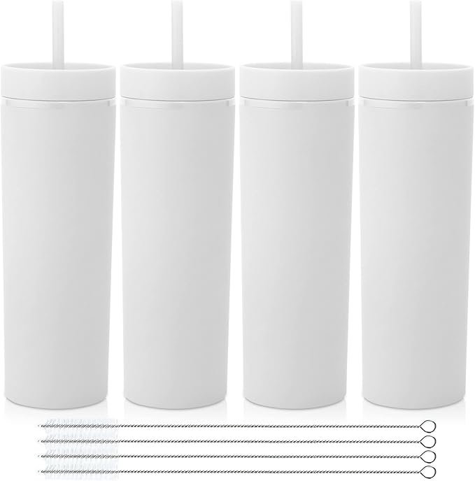 Volhoply 20oz Plastic Skinny Tumblers Bulk 4 Pack,Double Wall Tumbler with Lid and Straw,Reusable Travel Iced Coffee Mug,BPA Free Matte Acrylic Water Cups With Straw for Party,DIY Gifts(White,4 Set)