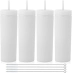 Volhoply 20oz Plastic Skinny Tumblers Bulk 4 Pack,Double Wall Tumbler with Lid and Straw,Reusable Travel Iced Coffee Mug,BPA Free Matte Acrylic Water Cups With Straw for Party,DIY Gifts(White,4 Set)