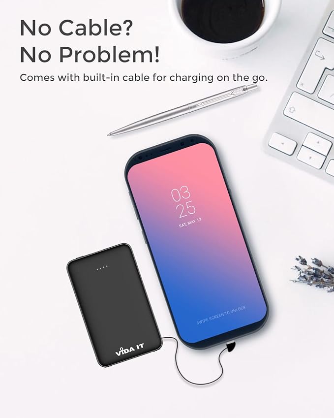 Compact Power Bank Portable Battery Pack for Heated Clothing Vest Jacket Hoodie 5000mAh Pocket Size Portable Charger for iPhone Android Cellphone Portable Battery Charger with Built-In Cable USB/USB-C