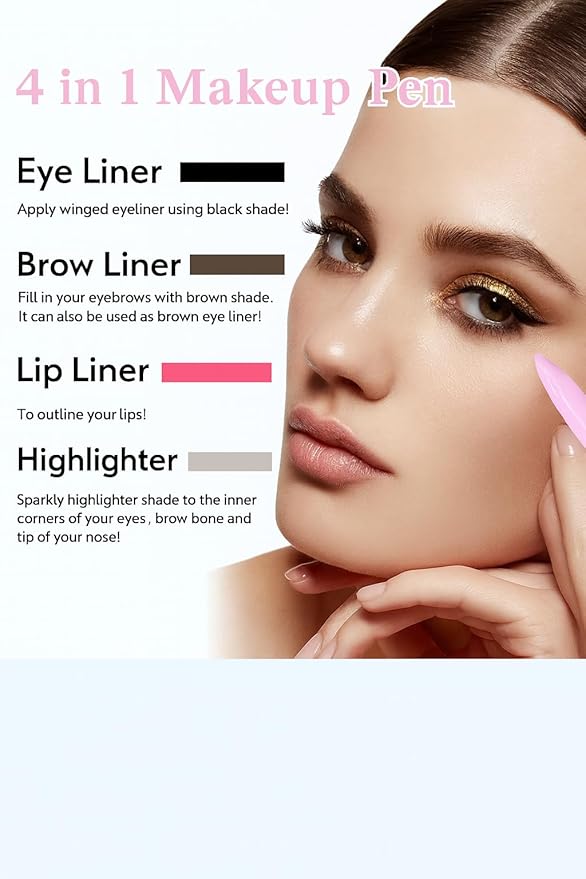 kspot 4-in-1 Makeup Pen – Travel Makeup Essential for Women On The Go, Eyeliner Lip Liner Brow & Highlighter in One, Compact Touch-Up Vegan Beauty Tool