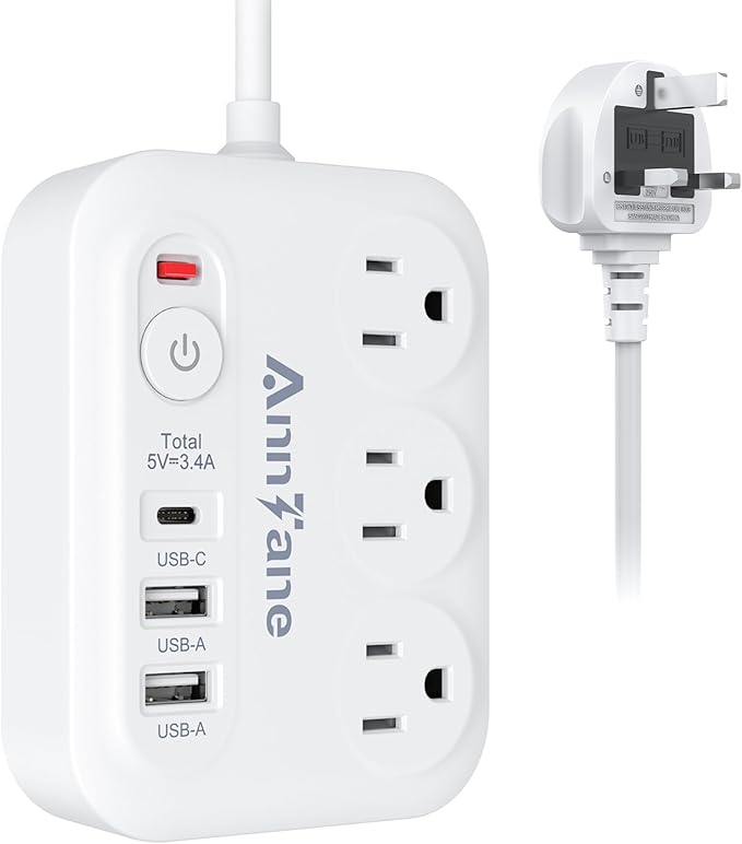 UK Travel Plug Adapter with USB C, 6FT Extension Cord, US to UK Ireland Plug Adapter Type G Travel Adapter with 3 Outlets 3 USB Ports for Scotland London England British Irish Kenya Dubai Travel