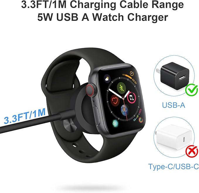 Fast Charger for Apple Watch Charger, Magnetic iWatch Charger to USB A Cable 3.3FT with USB A Wall Plug Adapter for Apple iWatch Series Ultra/10/9/8/7/6/SE/5/4/3/2 (Black)