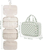 Narwey Travel Toiletry Bag for Women Large Capacity, Hanging Makeup Bag Organizer Toiletries Bag for Full Size Essentials, Accessories, Brushes, Cosmetics (Mint Green Checkerboard (Large))