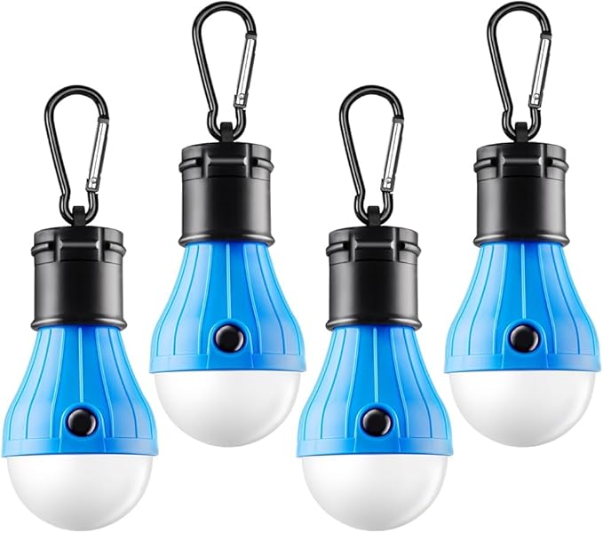 FLY2SKY Tent Lamp Portable LED Tent Lights Blue 4 Packs Hook Hurricane Emergency Lights LED Camping Lights Bulb Camping Tent Lanterns Camping Equipment for Camping Hiking Backpacking Fishing Outage