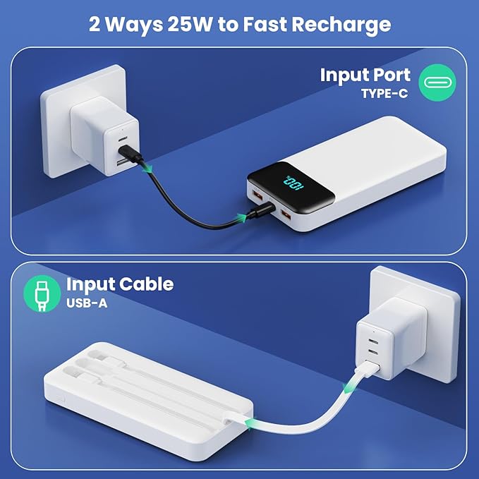 Portable Charger Power Bank 40800mAh with 3 Built-in Cables,25W Fast Phone Charging Portable Battery Pack,5 Outputs Travel Essentials Outdoor External Battery for iPhone 17/16,Galaxy Android etc-White