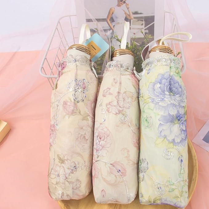 Floral Lace Folding Compact Umbrella - UV Protection Sun Flower Fancy for Women Girls, Portable Travel for Walking, Tea Party, Photo Shooting