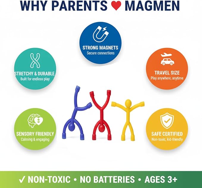 MAGMEN Airplane & Road Trip Toy 10-Pack Solid Colors - Quiet Time Activities for Kids - Sensory Magnetic Fidget Travel Toys for Car, Airplane, & Restaurants - STEM Building Figures8 | Screen-Free Fun