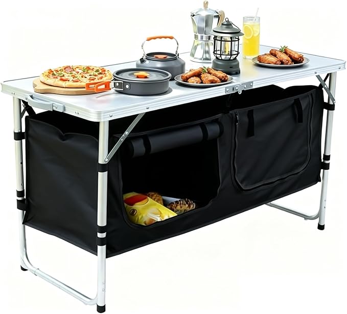 JOUYEK Camping Table, Folding Camping Table with Storage, Portable Kitchen Table, Lightweight, 3 Heights Adjustable Camping Furniture for BBQ, Picnic, Camping, Hiking, Beach, Outdoor Black