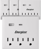 Energizer 4 Pack of Multi Plug Wall Outlet Extender (3 AC Power Outlets, 1 Type C Port, 1 USB A Port - 2.1A Total) Grounded Power Strip Expander