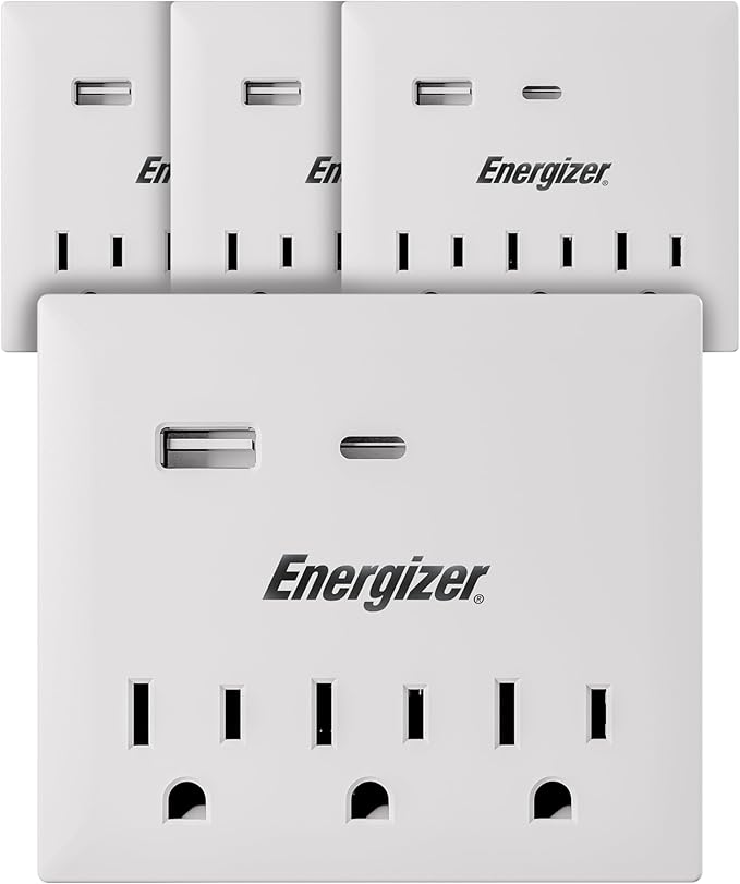 Energizer 4 Pack of Multi Plug Wall Outlet Extender (3 AC Power Outlets, 1 Type C Port, 1 USB A Port - 2.1A Total) Grounded Power Strip Expander