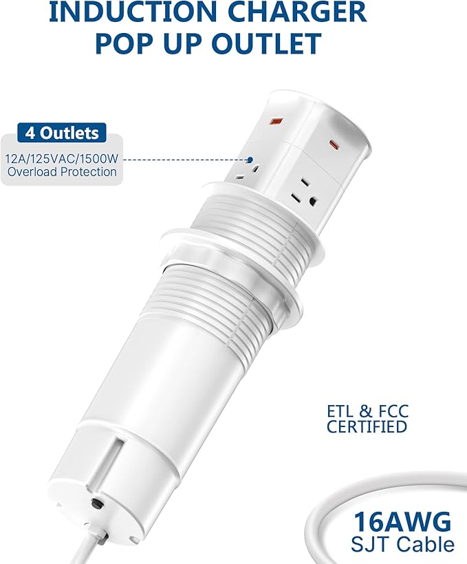 Power Strip Pop up Outlet for Countertop,PD 65W USB C,4 USB Ports,4 Outlets Tamper Resistant,Flush Mount,Space Saver Recessed Receptacle,ETL Listed (White, 6FT_4 Outlets_65W USB)