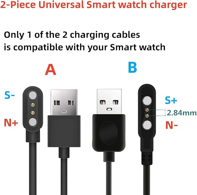 [2 Pack] Universal Smart Watch Charger Magnetic, VeryFit / da fit Smartwatch Accessories 2 Pin Replacement Charging Cable Compatible All 2.54mm - 2.84mm-Pin-Pitch Smart watch (Model A&B Only one Fit)