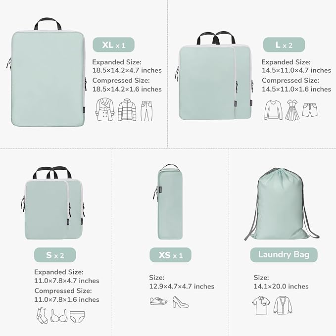 CherryNow Compression Packing Cubes, 7 Set Packing Cubes for Travel, Travel Essentials for Suitcase, Luggage Organizer Bags for Travel with Shoe Bag, Grey Blue
