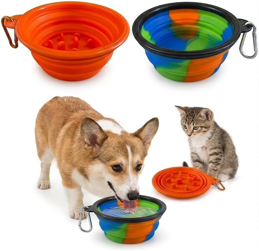 Collapsible Dog Bowl 2 Pack with Carabiners - Portable Travel Pet Food Water Bowl for Dogs Cats