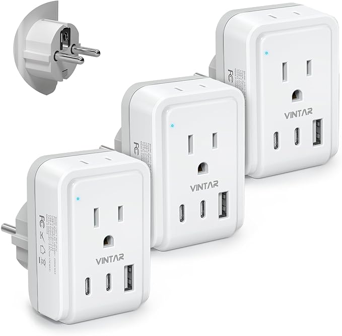 3 Pack Type E F Plug Adapter, VINTAR Schuko Germany France Power Adapter with 2 American Outlets 3 USB Ports(2 USB C), 5 in 1 Type E Travel Adapter for US to EU Spain Iceland Korea German French