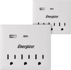Energizer 2 Pack of Multi Plug Wall Outlet Extender (3 AC Power Outlets, 1 Type C Port, 1 USB A Port - 2.1A Total) Grounded Power Strip Expander