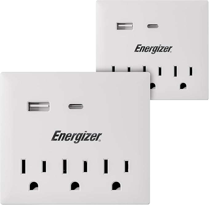 Energizer 2 Pack of Multi Plug Wall Outlet Extender (3 AC Power Outlets, 1 Type C Port, 1 USB A Port - 2.1A Total) Grounded Power Strip Expander