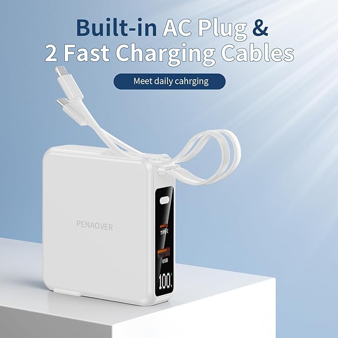 Wireless Charging Portable Charger with Built-in Cables & AC Wall Plug, 10000mAh Power Bank with LED light, PD 22.5W Fast Charging Travel Portable Charger for iPhone, Samsung, Android(No-Magnetic)