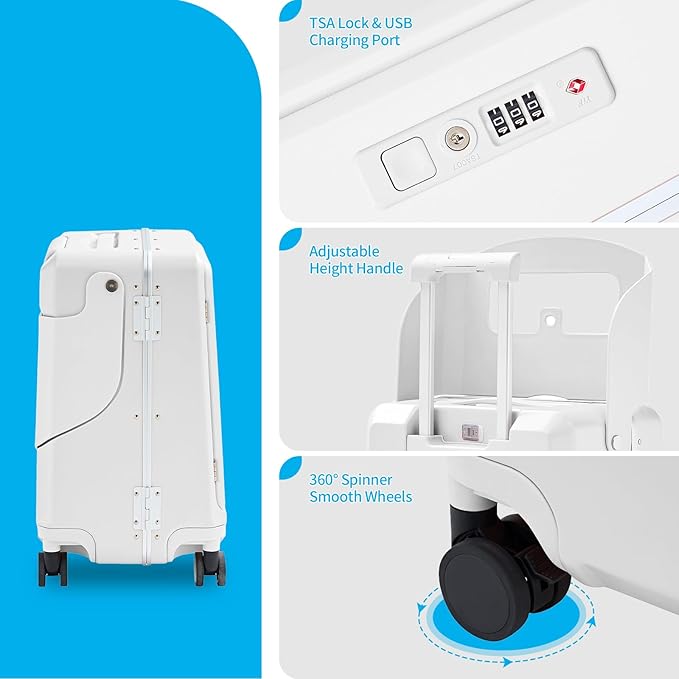 TABU 20" Ride on Luggage with Foldable Seat，Front-Opening Carry On Suitcase with Built-in USB & Type-C Port, TSA Lock and 360° Silent Spinner, for Kids & Adults, White