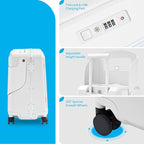 TABU 20" Ride on Luggage with Foldable Seat，Front-Opening Carry On Suitcase with Built-in USB & Type-C Port, TSA Lock and 360° Silent Spinner, for Kids & Adults, White