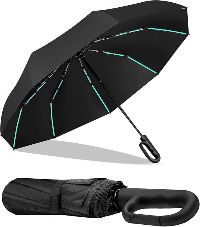 42-Inch Extra Large Umbrella for 2-3 People, Windproof Automatic Open/Close with Carabiner Handle, UPF 99+ UV Protection Folding Travel Umbrella for Rain and Sun