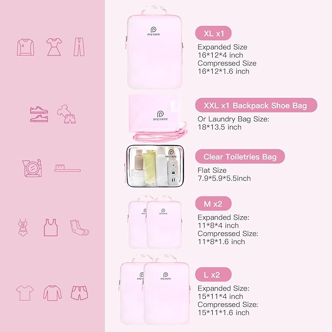 PFEYRPK Lightweight Compression Packing Cubes for Suitcases, Compressible Expandable Travel Packing Organizer with Clear Toiletries and Backpack Bag, Travel Essentials for Carry on Luggage 7 Set