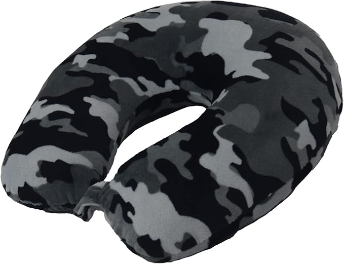 Wolf Essentials Adult Cozy Soft Microfiber Neck Pillow for Travel – Compact, Machine Washable - Perfect for Airplane, Car, or Home Use - Filled and Finished in The USA – Black Camo