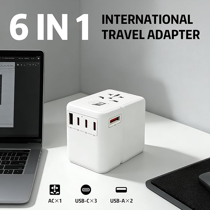 EP 85W Universal Travel Adapter, International Power Adapter with 3 USB-C & 2 USB-A Ports, Worldwide Plug Adaptor Wall Charger, Travel Essentials for US/CA/EU/UK/AU/JP ＆ 150+ Countries (Type C/G/A/I)