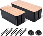2 Pack Large Cable Management Box – Wooden Style Cord Organizer Box and Cover for TV Wires, Computer, Router, USB Hub and Under Desk Power Strip – Safe ABS Material and Baby-Pets Proof Lock (Black)