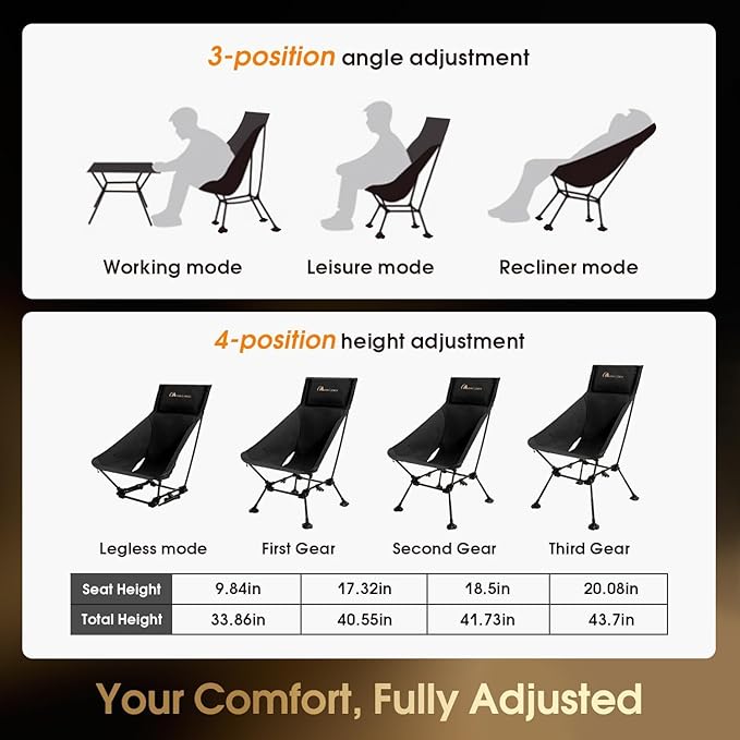 MOON LENCE High Back Folding Camping Chairs, Height-Adjustable, Widened Seat, for Beach with Anti-Sinking Feet