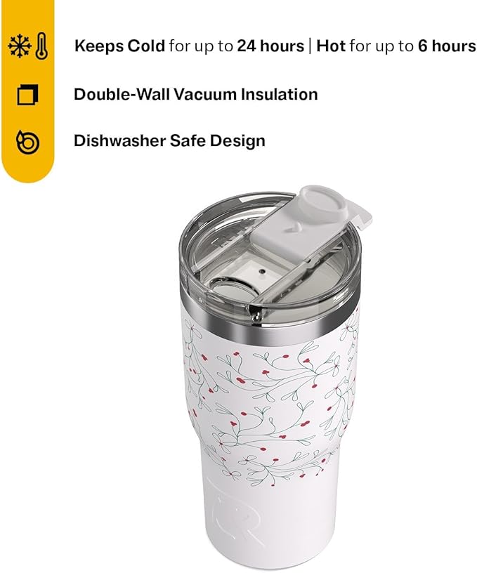 RTIC 20oz Essential Tumbler with Lid, Ceramic Lined, Insulated, Stainless Steel, Metal, Double Wall Vacuum-Insulation, Travel Cup for Iced Coffee, Tea, Hot and Cold Drink, Mistletoe
