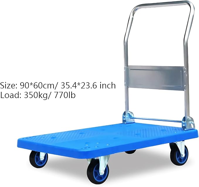 Heavy Duty Flatbed Hand Cart with Mute Wheels Foldable Metal Handle Plastic Platform Truck for Transporting Baggage Books and Moving – 350-lb Capacity Trolley