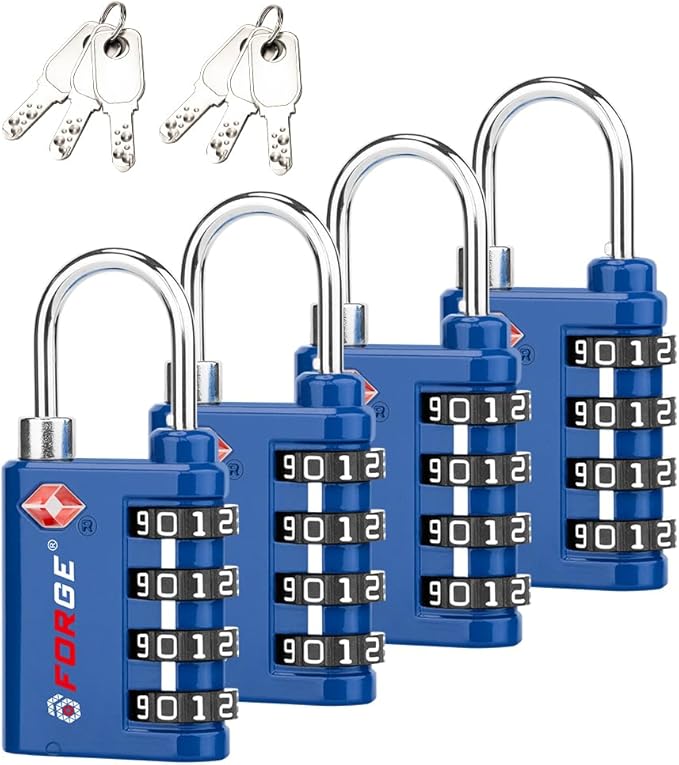 Forge Dual-Opening: Key or Combination Lock, TSA Approved Lock for Luggage, Pelican case, Travel, Gym, School, Luggage Combination Lock, Travel Bag Lock (Blue 4 Pk)